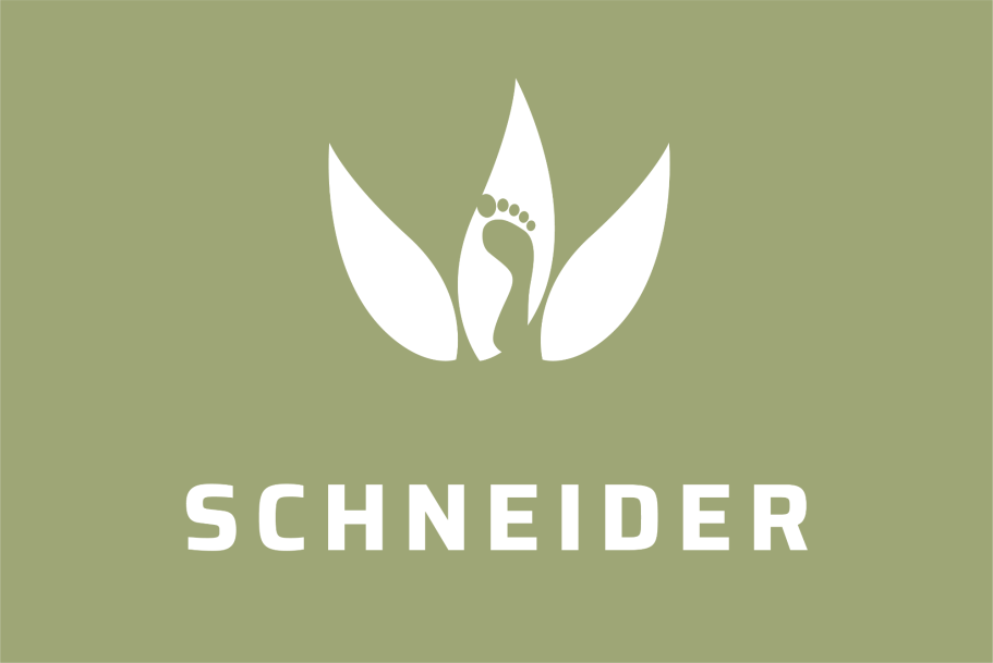 Logo von Schneider mit stilisierten Blättern und einer Hand.